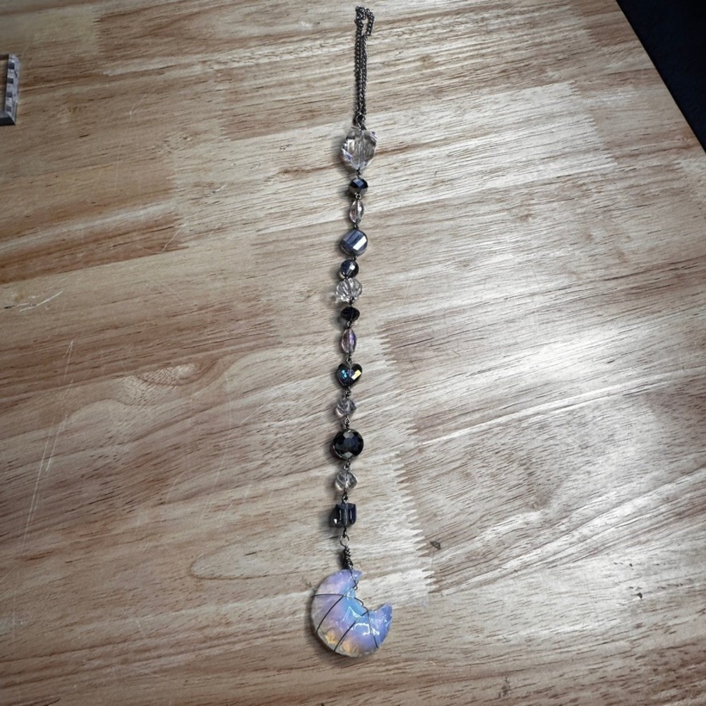 Opalite Crescent Moon Suncatcher Wire Wrapped Car Charm Beaded Celestial Decor